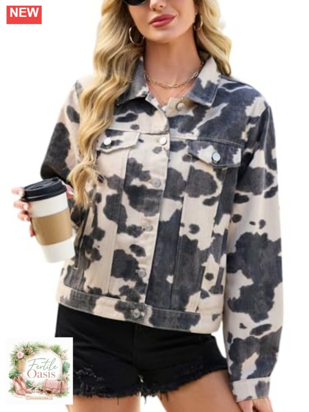 Oversized Animal Print Jean Jacket Women Long Sleeve Western Denim Coat